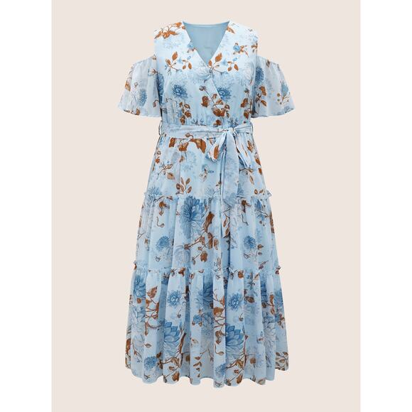 Size 28 5X Plus Size BloomChic Wrap Mesh Ruffle Sleeve Floral Dress - Picture 5 of 7